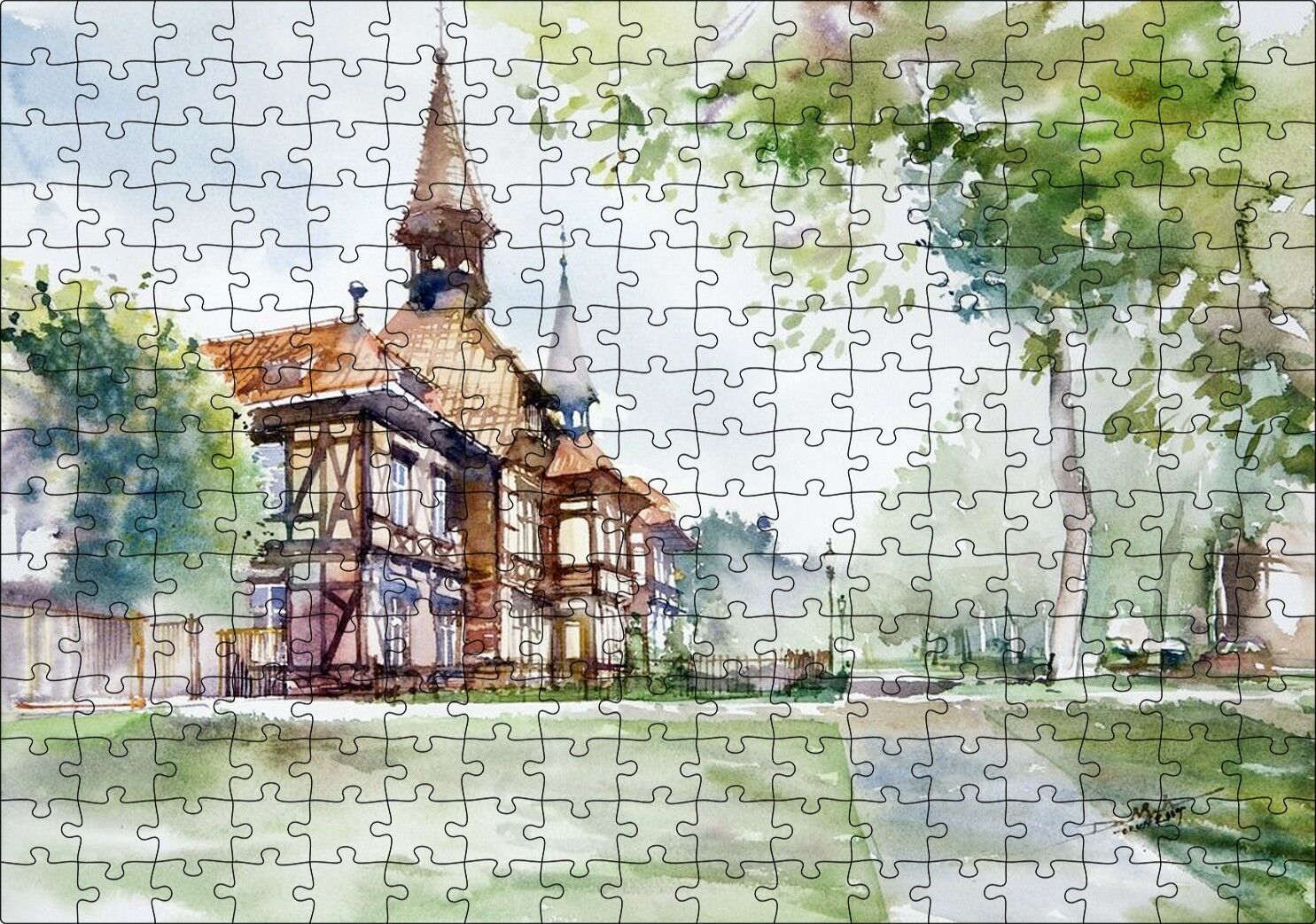 Suluboya Efekt Binalar ve Ağaçlar Çizim Puzzle Yapboz MDF Ahşap 255 Parça 34 cm X 49 cm