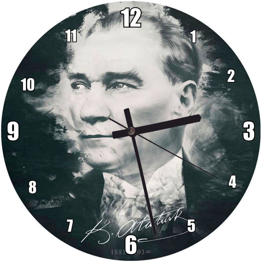 Mustafa Kemal Atatürk Portresi Ve İmzası Görseli Mdf Ahşap Duvar Saati 30 cm Çap