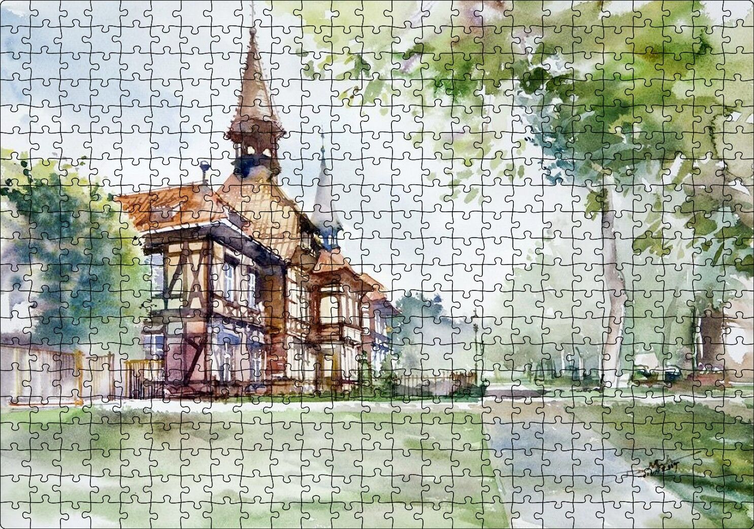 Suluboya Efekt Binalar ve Ağaçlar Çizim Puzzle Yapboz MDF Ahşap 500 Parça 49 cm X 68 cm