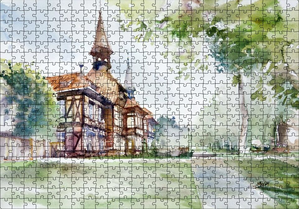 Suluboya Efekt Binalar ve Ağaçlar Çizim Puzzle Yapboz MDF Ahşap 500 Parça 49 cm X 68 cm