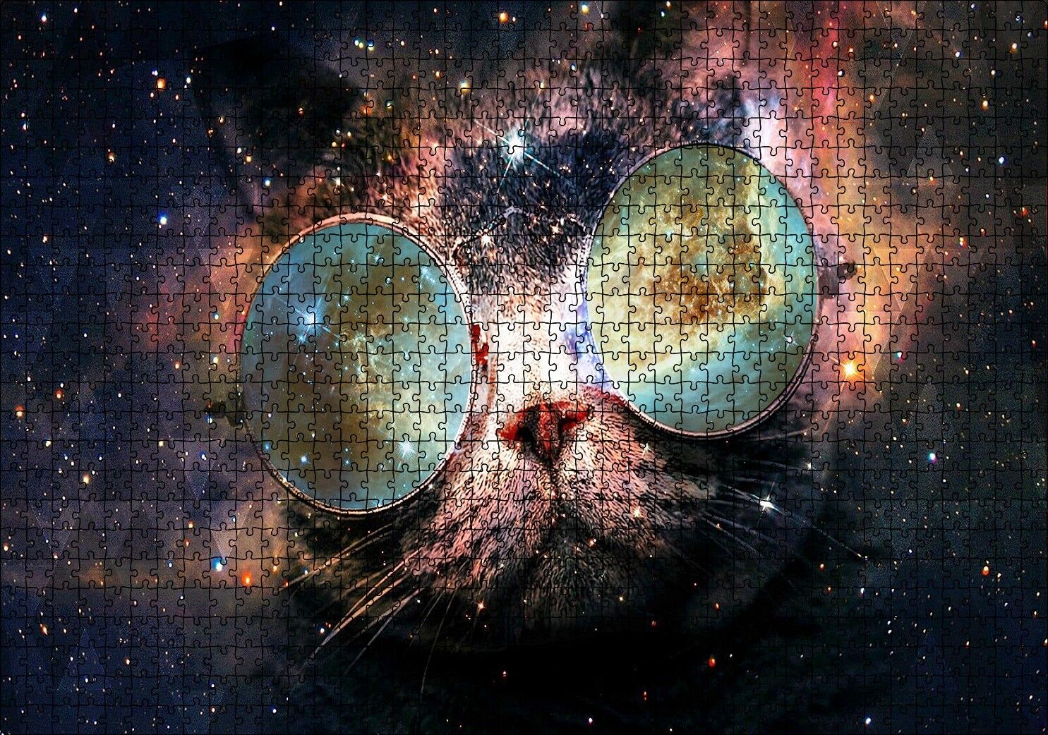Güneş Gözlüklü Kedi ve Galaksiler Puzzle Yapboz MDF Ahşap 1000 Parça 49 cm X 68 cm