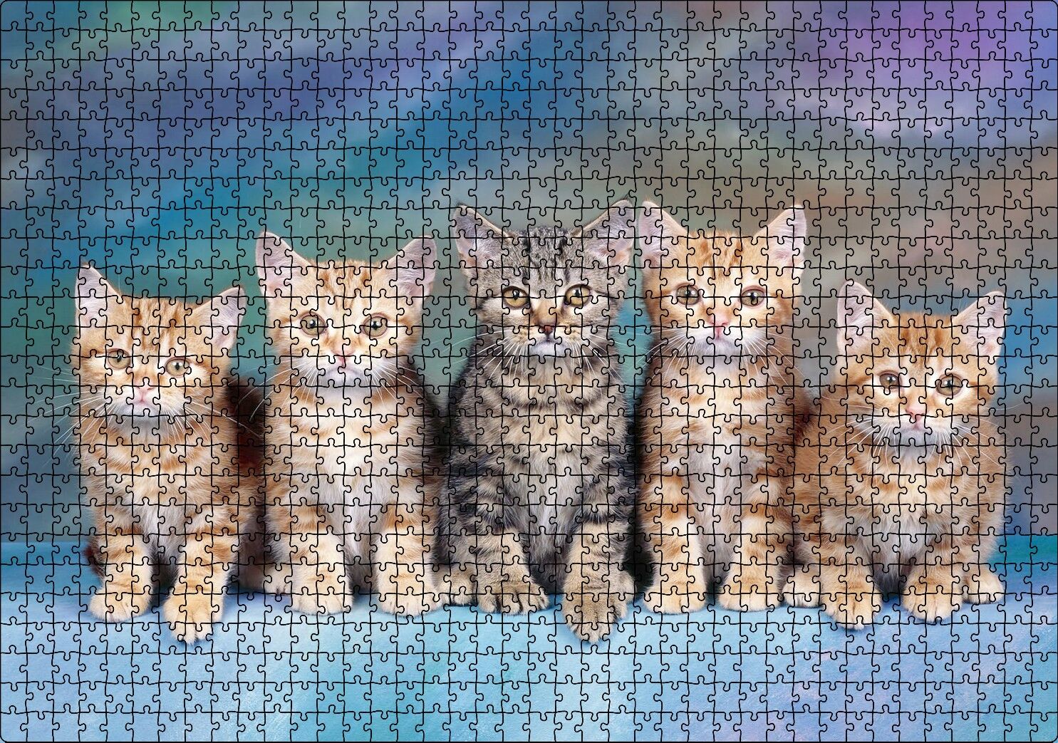 Mavi Zeminde Oturan Sarmanlar ve Tekir Puzzle Yapboz MDF Ahşap 1000 Parça 49 cm X 68 cm