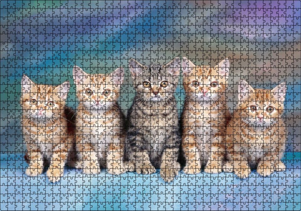 Mavi Zeminde Oturan Sarmanlar ve Tekir Puzzle Yapboz MDF Ahşap 1000 Parça 49 cm X 68 cm
