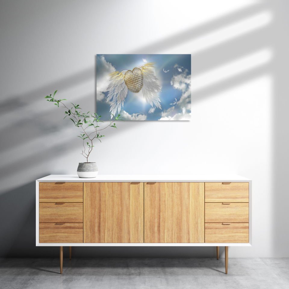 Gökyüzü Melek Kanadı Kalp MDF Akşap Duvar Tablo 35x50 cm