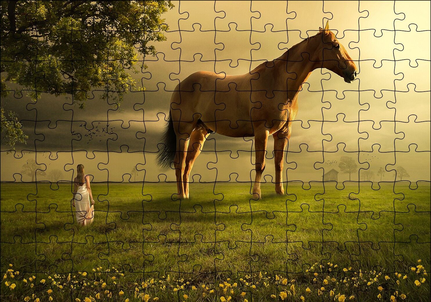 Kız Dev At ve Çayırlar Fantastik İllüstrasyon Puzzle Yapboz MDF Ahşap 120 Parça 24 cm X 34 cm