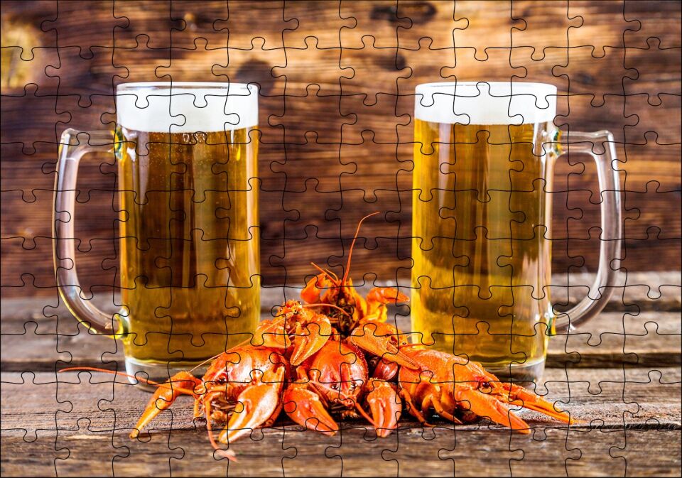İki Köpüklü Bira ve Istakozlar Puzzle Yapboz MDF Ahşap 120 Parça 24 cm X 34 cm
