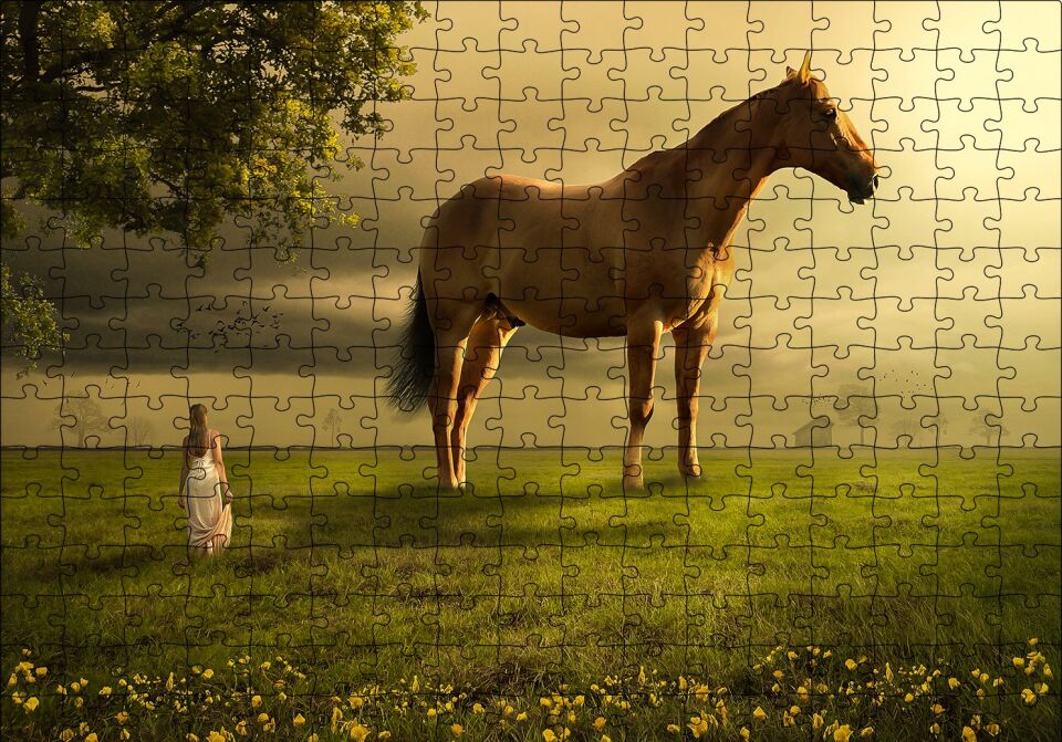 Kız Dev At ve Çayırlar Fantastik İllüstrasyon Puzzle Yapboz MDF Ahşap 255 Parça 34 cm X 49 cm