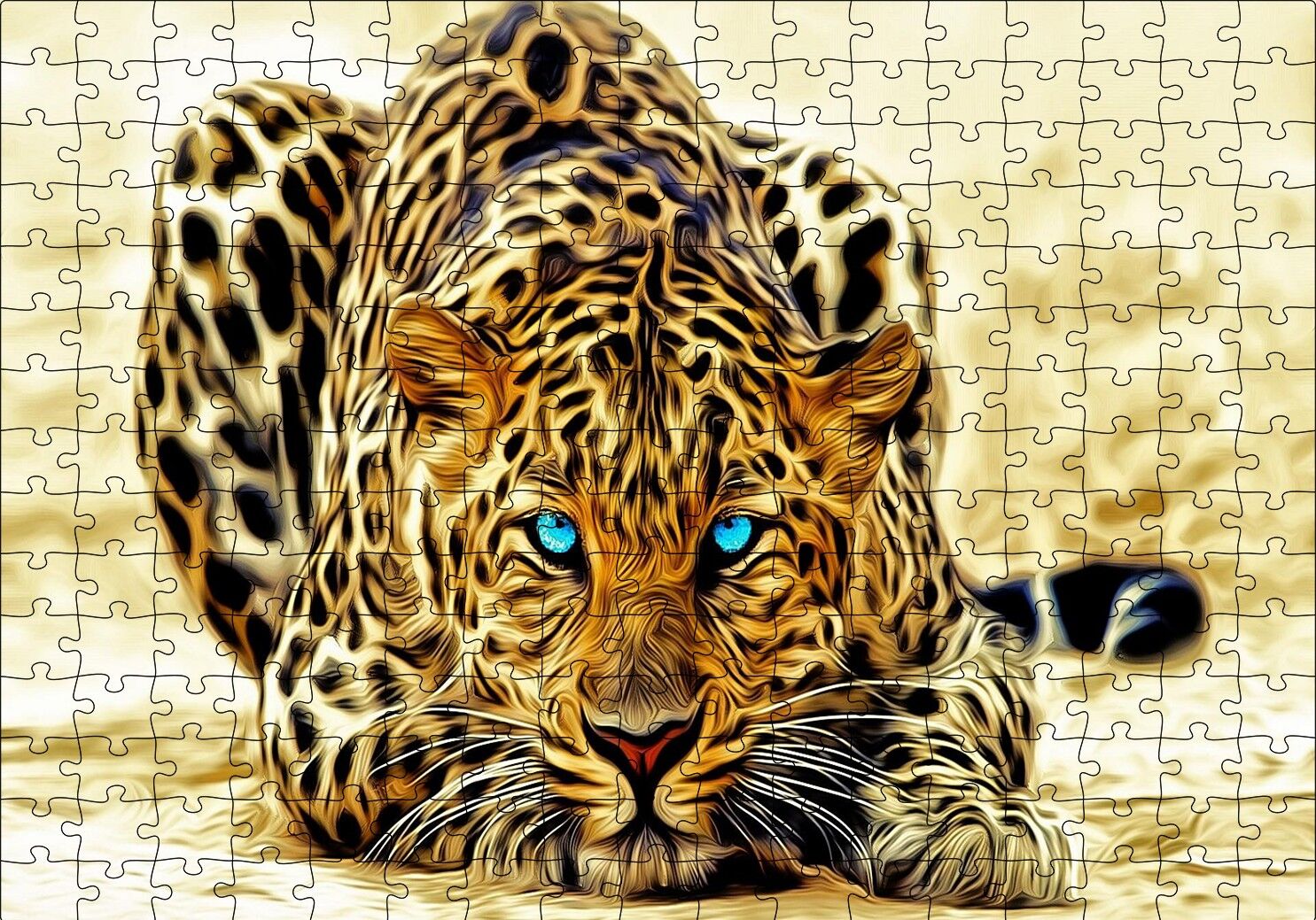 Mavi Gözlü Leopar İllüstrasyon Puzzle Yapboz MDF Ahşap 255 Parça 34 cm X 49 cm