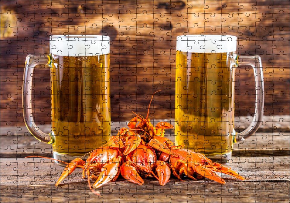 İki Köpüklü Bira ve Istakozlar Puzzle Yapboz MDF Ahşap 255 Parça 34 cm X 49 cm