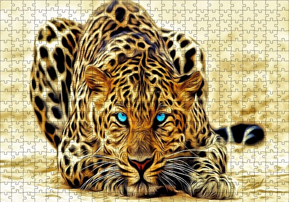 Mavi Gözlü Leopar İllüstrasyon Puzzle Yapboz MDF Ahşap 500 Parça 49 cm X 68 cm