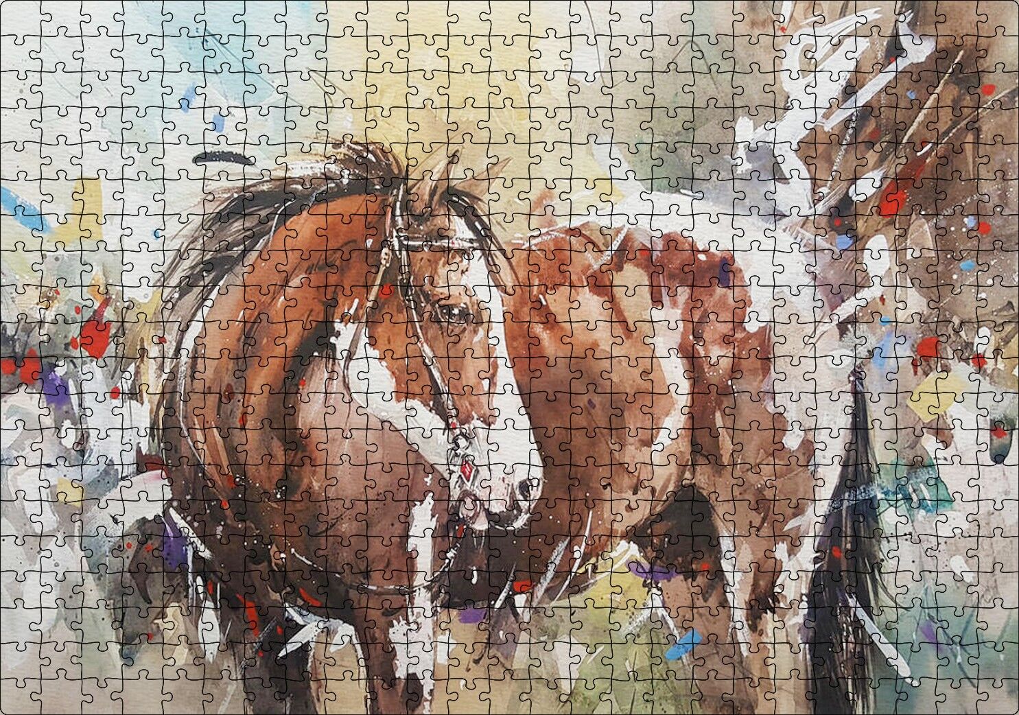Kahverengi Beyaz At Büyük Fırça Darbeleri Puzzle Yapboz MDF Ahşap 500 Parça 49 cm X 68 cm
