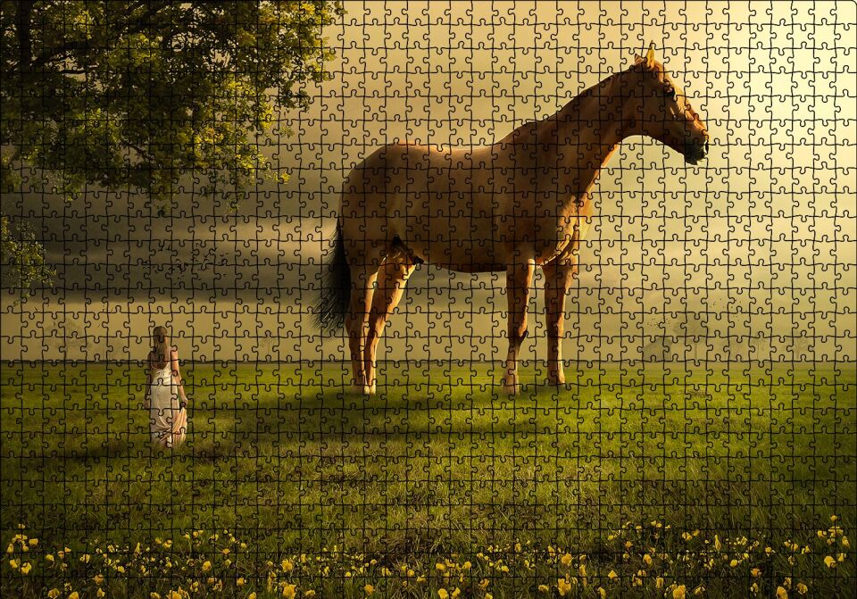Kız Dev At ve Çayırlar Fantastik İllüstrasyon Puzzle Yapboz MDF Ahşap 1000 Parça 49 cm X 68 cm
