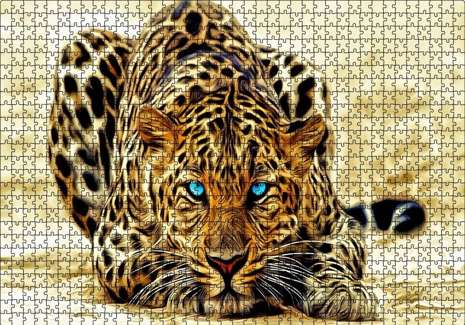 Mavi Gözlü Leopar İllüstrasyon Puzzle Yapboz MDF Ahşap 1000 Parça 49 cm X 68 cm
