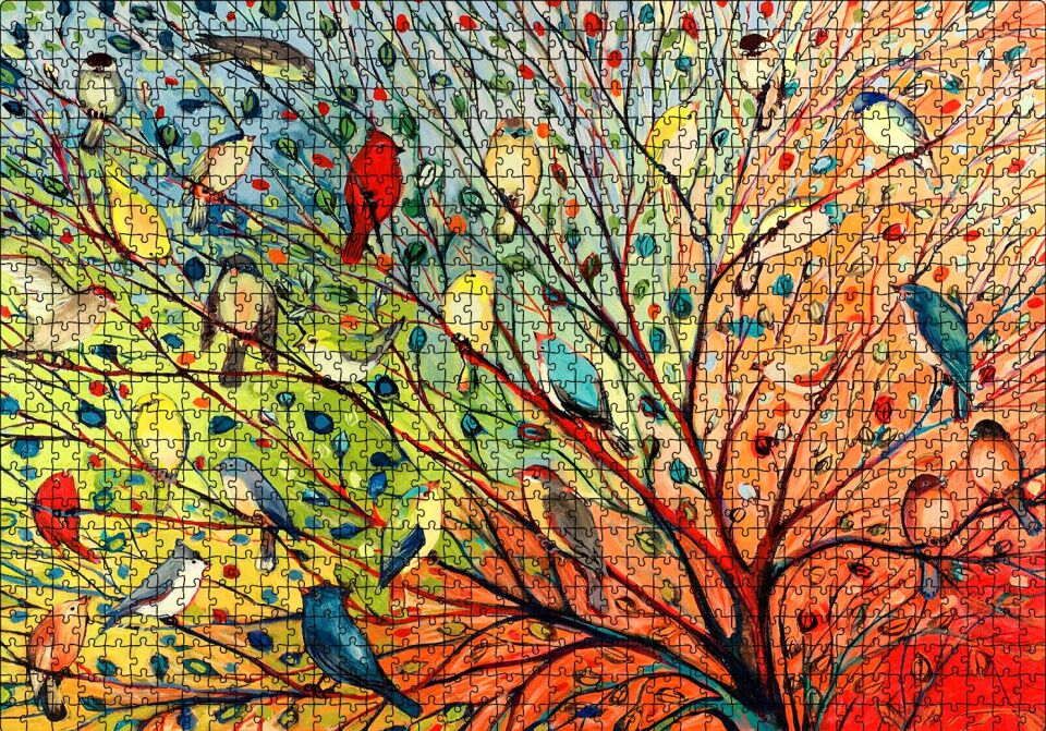 Ağaçta Rengarenk 27 Kuş Puzzle Yapboz MDF Ahşap 1000 Parça 49 cm X 68 cm