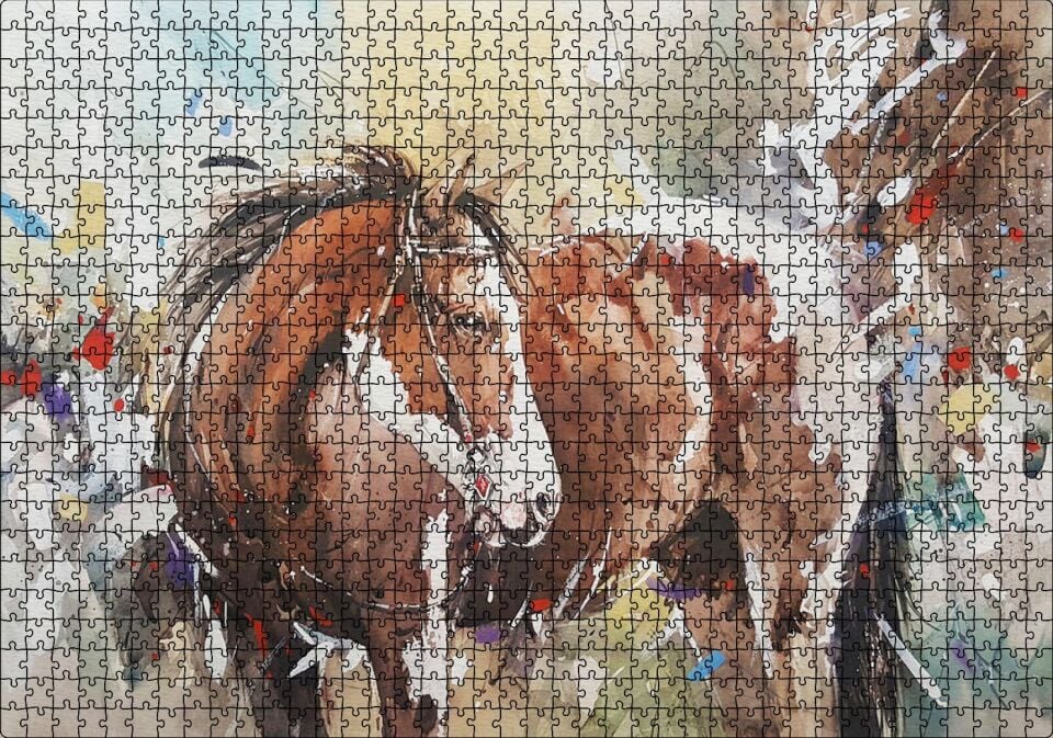 Kahverengi Beyaz At Büyük Fırça Darbeleri Puzzle Yapboz MDF Ahşap 1000 Parça 49 cm X 68 cm
