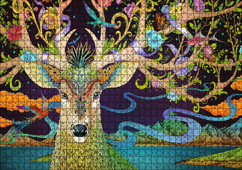 Süslemeli Boynuzlarıyla Geyik İllüstrasyon Puzzle Yapboz MDF Ahşap 1000 Parça 49 cm X 68 cm