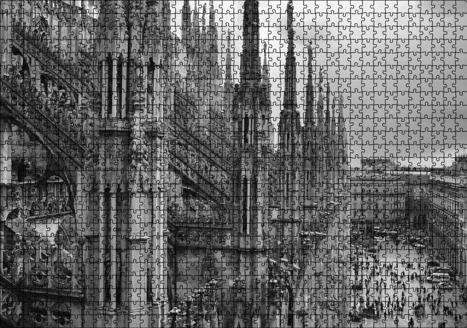 İtalya Milano Görkemli Katedral Siyah Beyaz Puzzle Yapboz MDF Ahşap 1000 Parça 49 cm X 68 cm