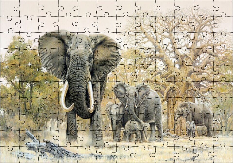 Ormandaki Fil Gurubu Görseli Puzzle Yapboz MDF Ahşap