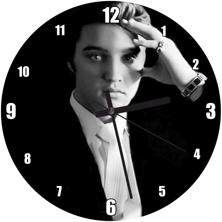 Siyah Arkaplan Elvis Presley Portre Mdf Ahşap Duvar Saati 50 cm Çap