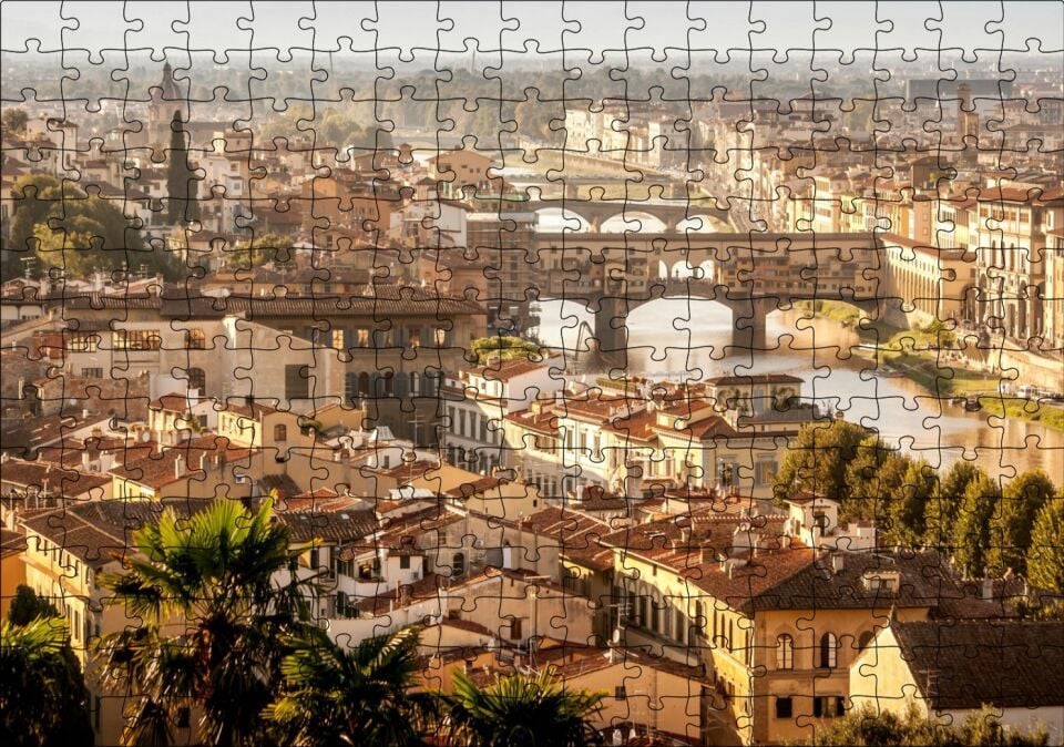 İtalya Şehir Köprüler ve Nehir Manzarası Puzzle Yapboz MDF Ahşap 255 Parça 34 cm X 49 cm