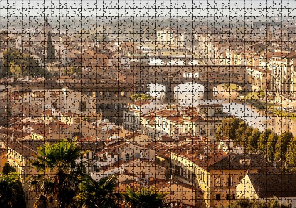 İtalya Şehir Köprüler ve Nehir Manzarası Puzzle Yapboz MDF Ahşap 1000 Parça 49 cm X 68 cm