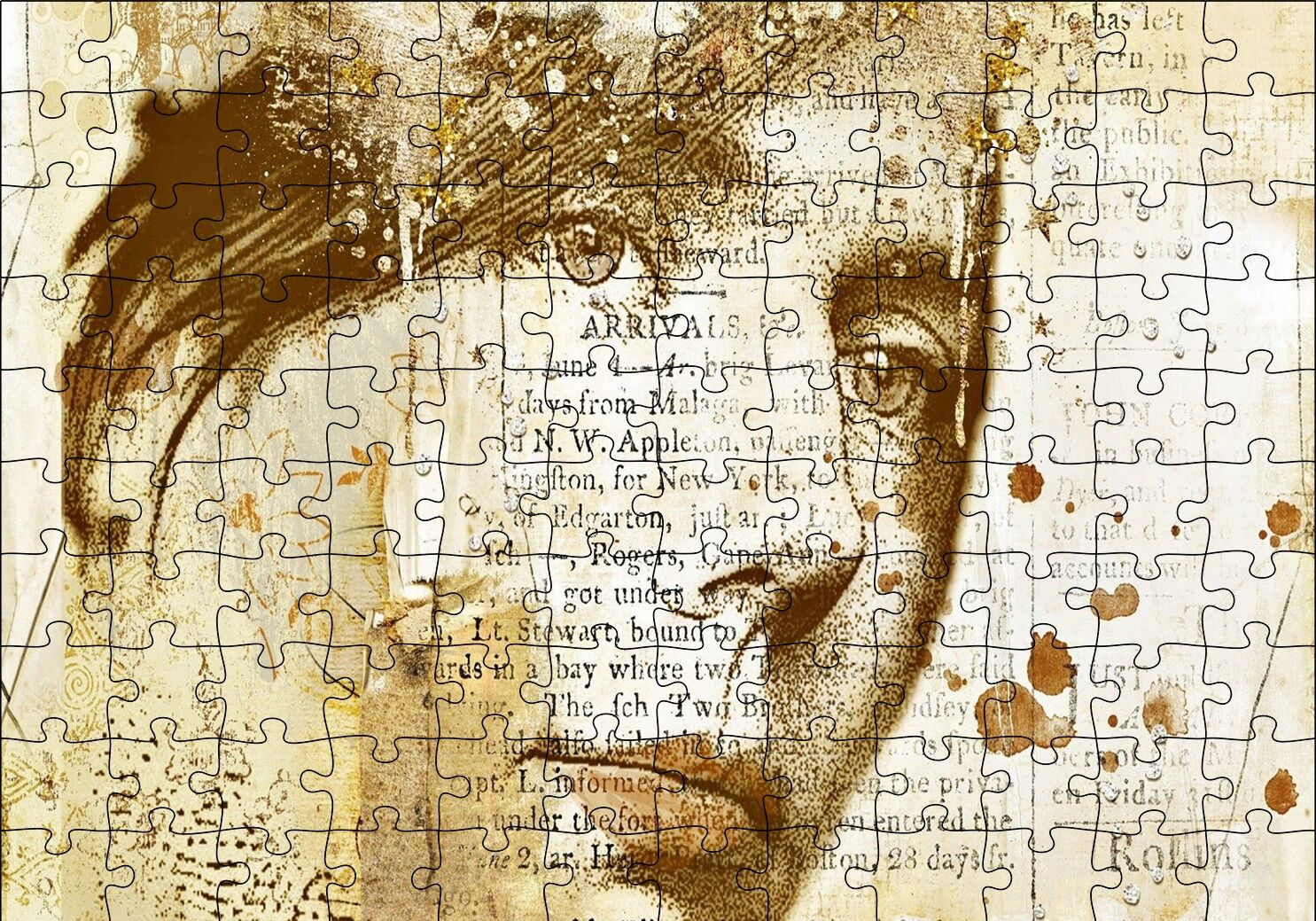 Kadın Yüzü ve Gazete Kupürleri Puzzle Yapboz MDF Ahşap