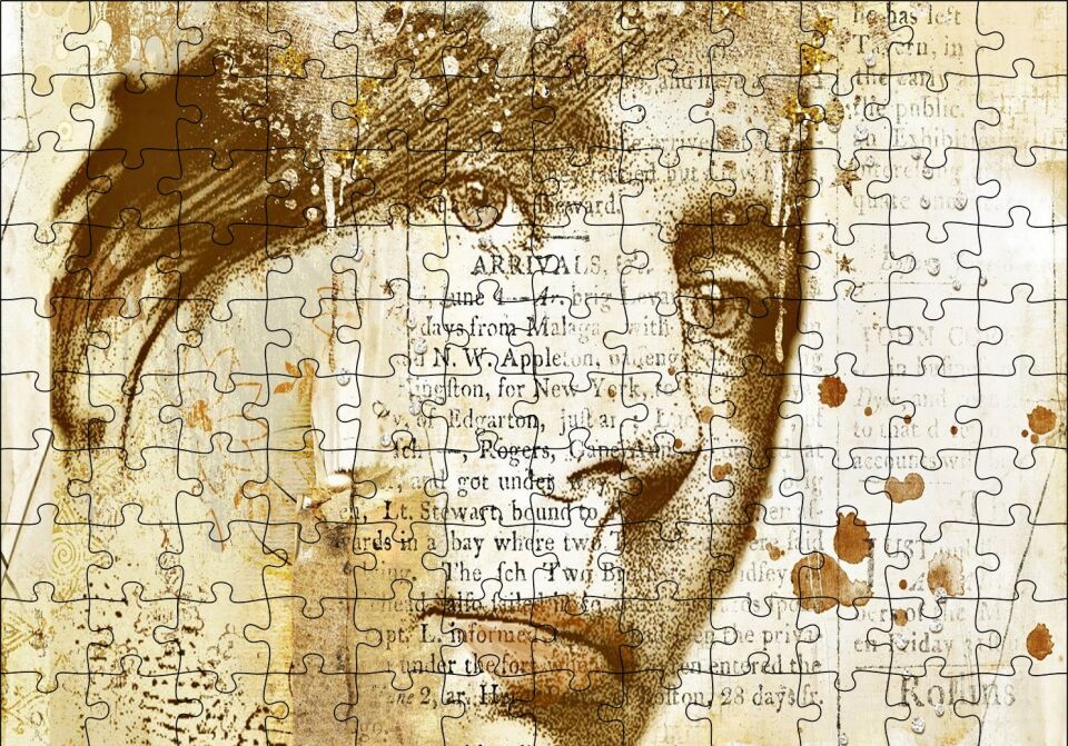 Kadın Yüzü ve Gazete Kupürleri Puzzle Yapboz MDF Ahşap