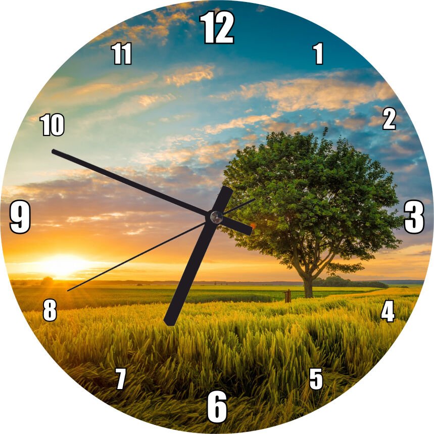 Çayırda Günbatımı Bulutlar ve Yalnız Ağaç Mdf Ahşap Duvar Saati