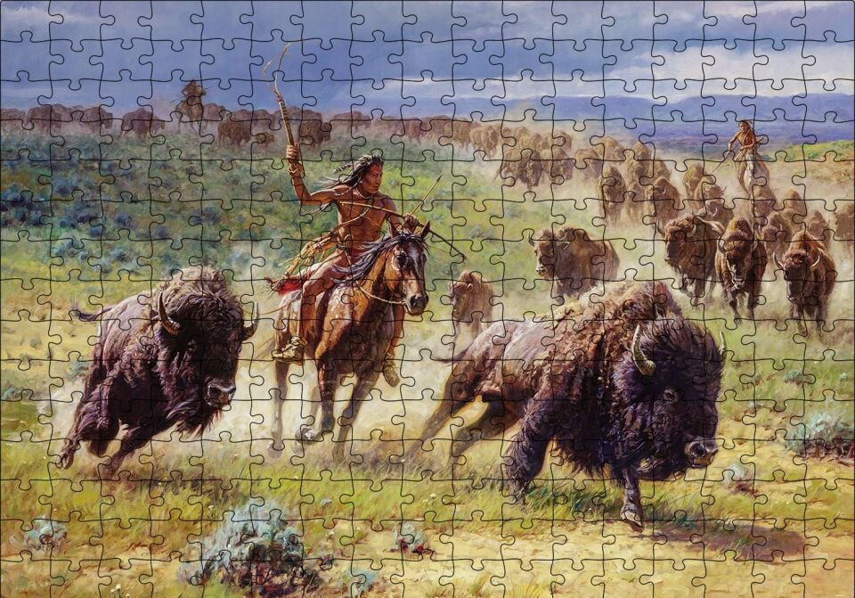 Kızılderililer ve Buffola Avı Puzzle Yapboz MDF Ahşap 255 Parça 34 cm X 49 cm