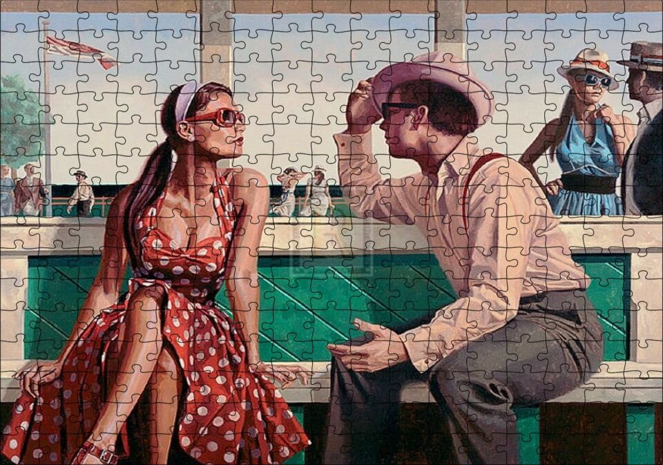 Kırmızı Puantiyeli Elbiseli Kız ve Aşığı Puzzle Yapboz MDF Ahşap 255 Parça 34 cm X 49 cm