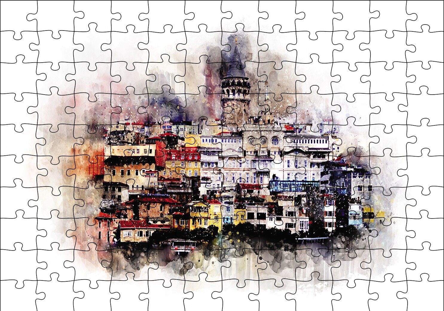 Suluboya Galata Manzarası Puzzle Yapboz MDF Ahşap