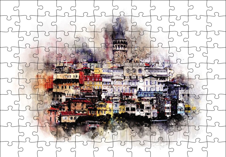 Suluboya Galata Manzarası Puzzle Yapboz MDF Ahşap