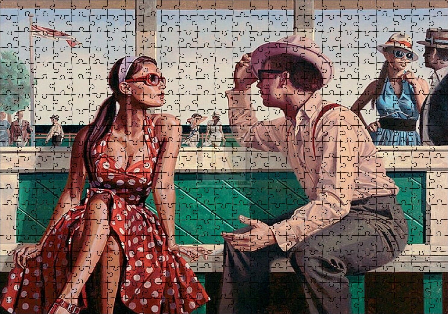 Kırmızı Puantiyeli Elbiseli Kız ve Aşığı Puzzle Yapboz MDF Ahşap 500 Parça 49 cm X 68 cm