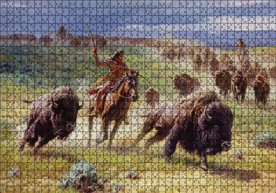 Kızılderililer ve Buffola Avı Puzzle Yapboz MDF Ahşap 1000 Parça 49 cm X 68 cm