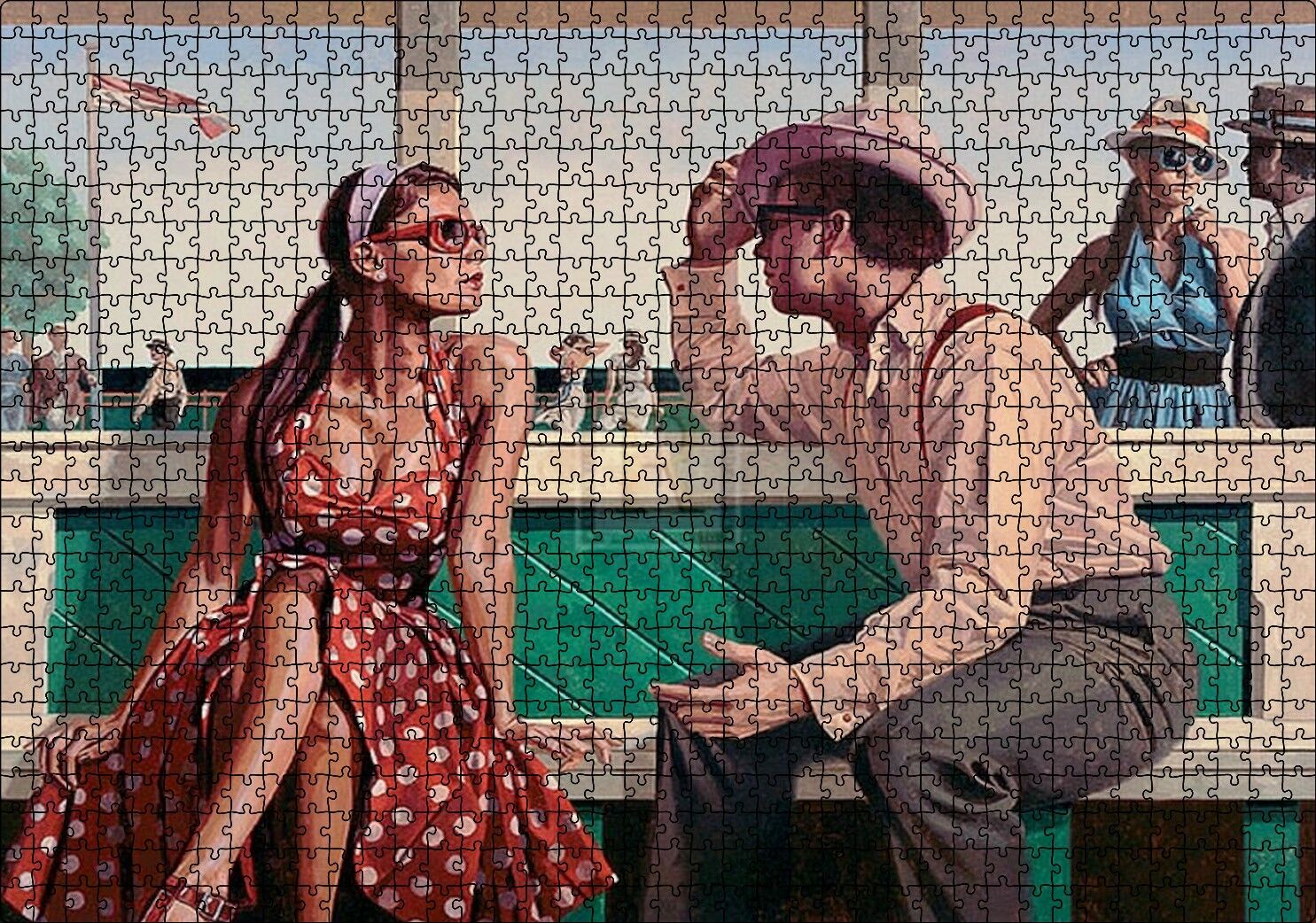 Kırmızı Puantiyeli Elbiseli Kız ve Aşığı Puzzle Yapboz MDF Ahşap 1000 Parça 49 cm X 68 cm