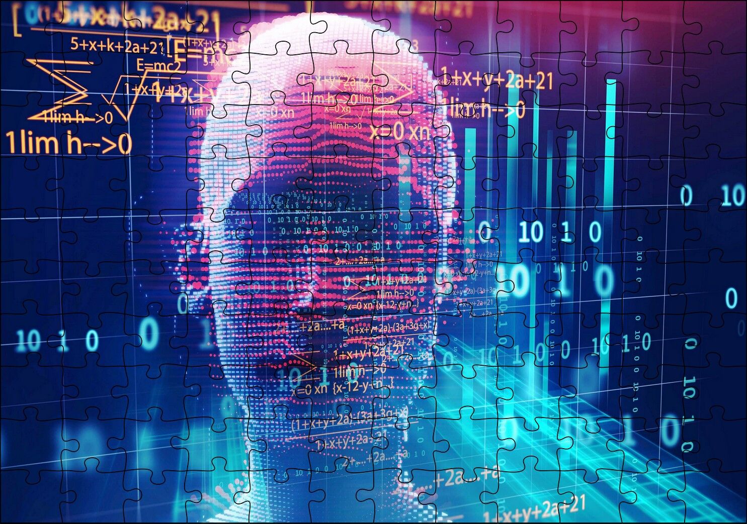 Robotik Kadın Yüzü Silüet ve Dijital Semboller Puzzle Yapboz MDF Ahşap