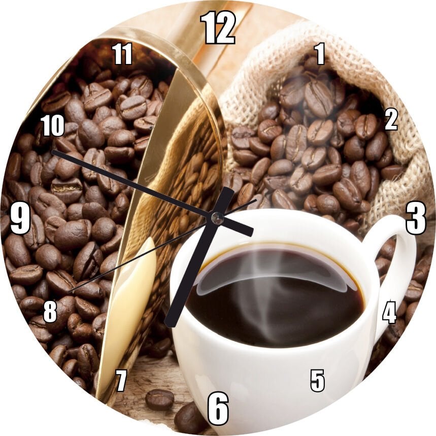 Beyaz Seramik Kupa ve Kahve Çekirdekler Görseli Mdf Ahşap Duvar Saati