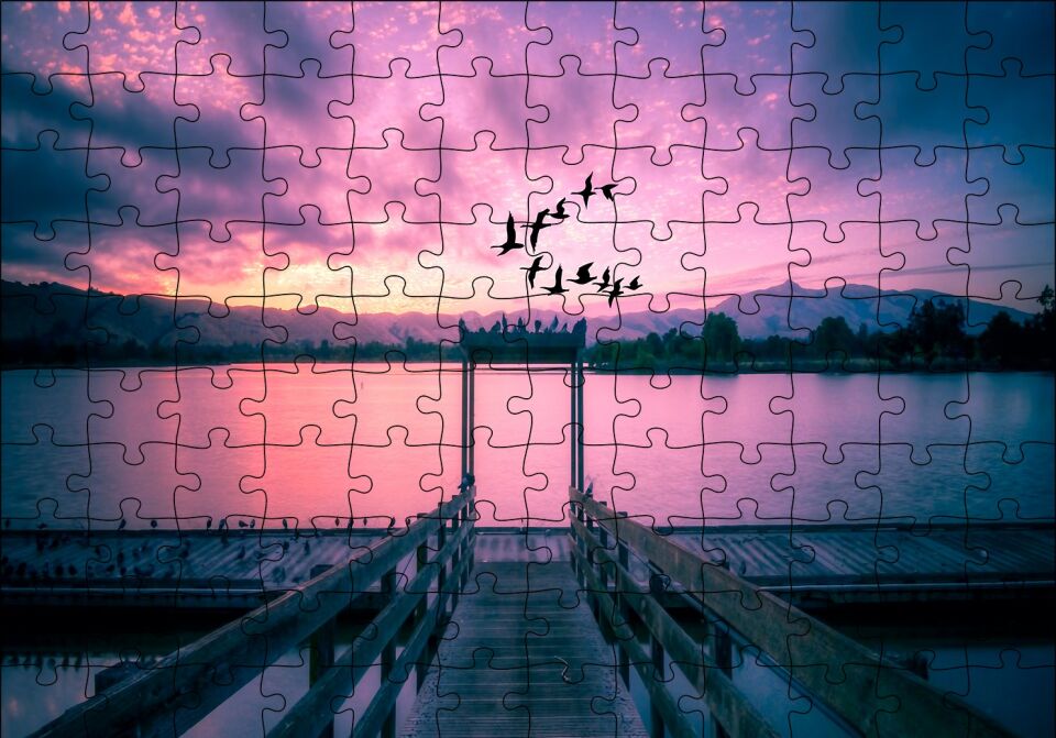 Kızıl Günbatımı Göl ve Turnalar Puzzle Yapboz MDF Ahşap 120 Parça 24 cm X 34 cm