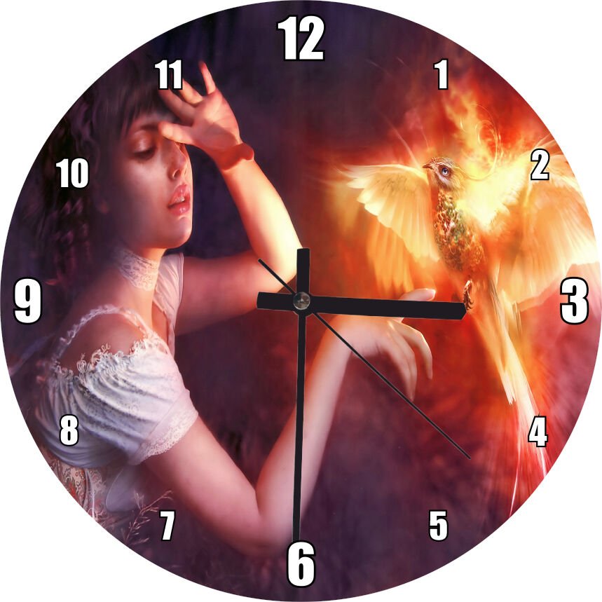 Beyaz Elbiseli Kız ve Zümrüdüanka Kuşu Mdf Ahşap Duvar Saati