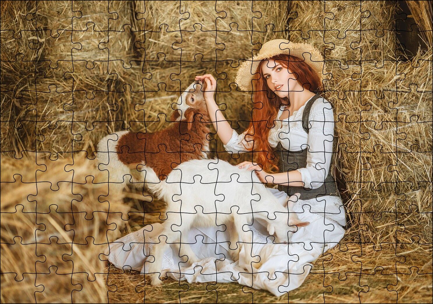 Samanlıktaki Genç Kız Oğlaklar Görseli Puzzle Yapboz MDF Ahşap