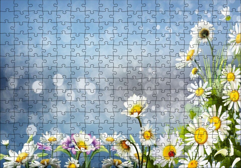 Papatyalar Flu Arka Plan Puzzle Yapboz MDF Ahşap 255 Parça 34 cm X 49 cm