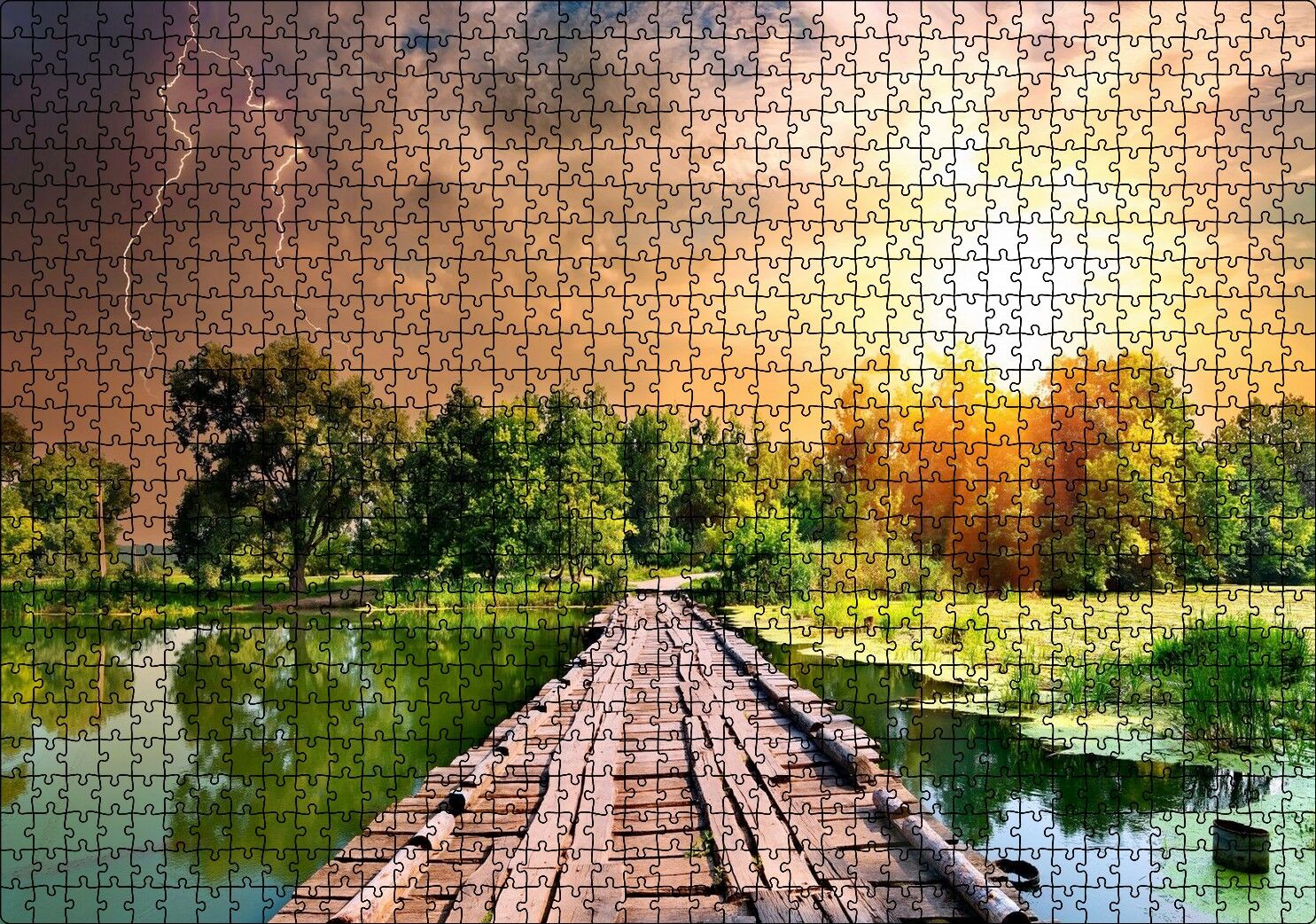 Tahta İskele Şimşekli Gökler ve Güneşli Hava Puzzle Yapboz MDF Ahşap 1000 Parça 49 cm X 68 cm