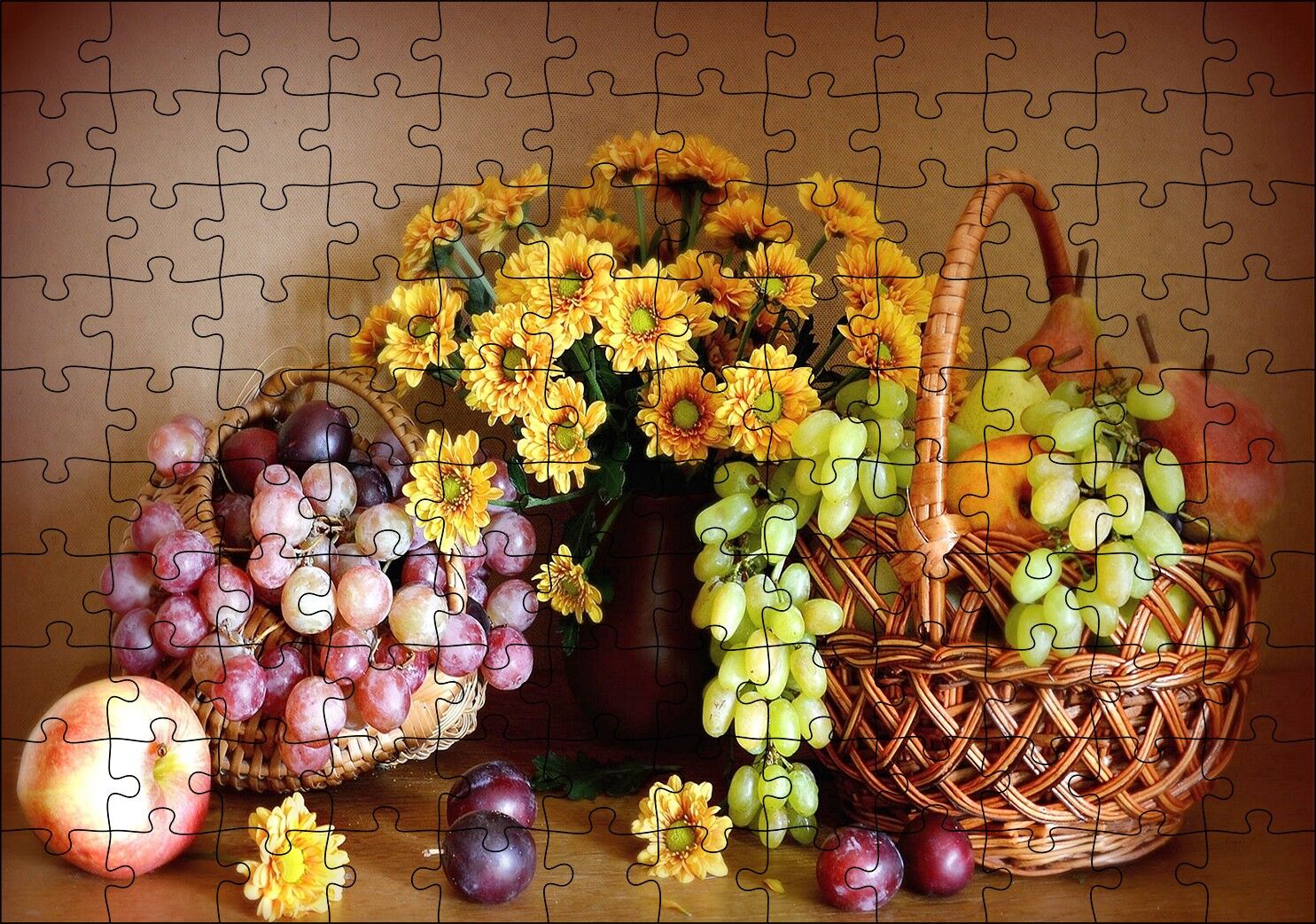 Sepette Meyvalar Vazoda Çiçek Görseli Puzzle Yapboz MDF Ahşap