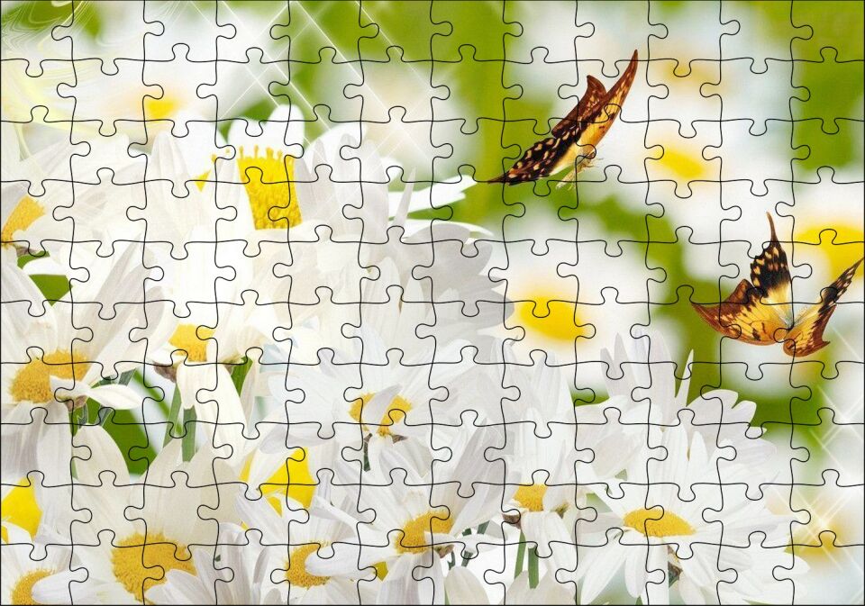 Papatyalar ve İki Küçük Kelebek Puzzle Yapboz MDF Ahşap 120 Parça 24 cm X 34 cm