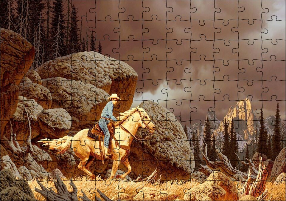 Teksas Yanlız Kovboy Görseli (1) Puzzle Yapboz MDF Ahşap