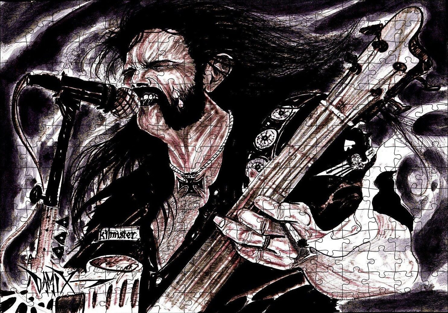 Motörhead Lemmy Kilmister Elektrogitar Karikatürize Çizim Puzzle Yapboz MDF Ahşap 255 Parça 34 cm X 49 cm
