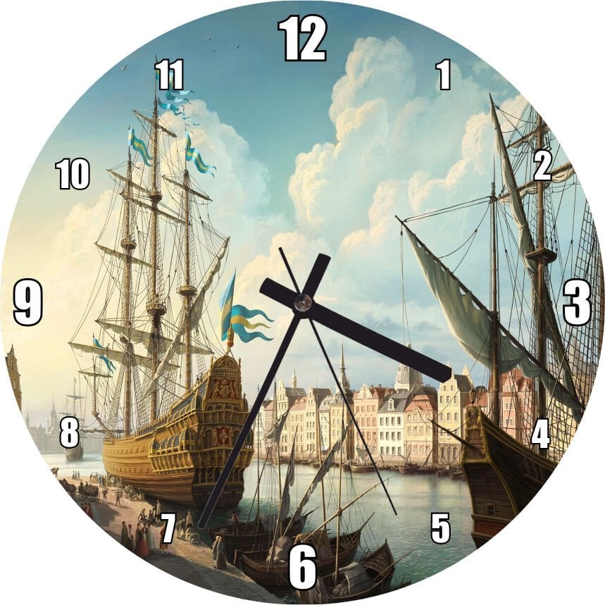 Avrupa'da Eski Bir Liman Kenti ve Gemiler Mdf Ahşap Duvar Saati
