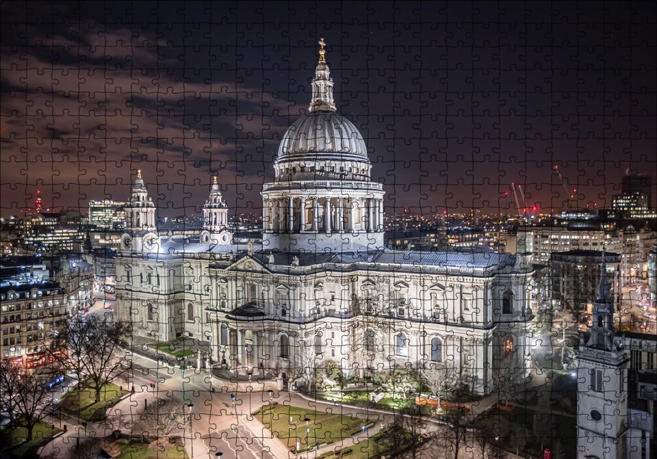Beyaz Kubbeli Bina ve Gece Işıkları Puzzle Yapboz MDF Ahşap 500 Parça 49 cm X 68 cm