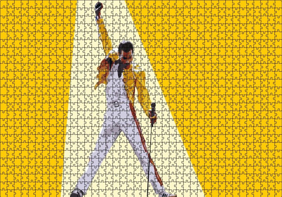 Freddie Mercury Sarı Zemin Puzzle Yapboz MDF Ahşap 1000 Parça 49 cm X 68 cm