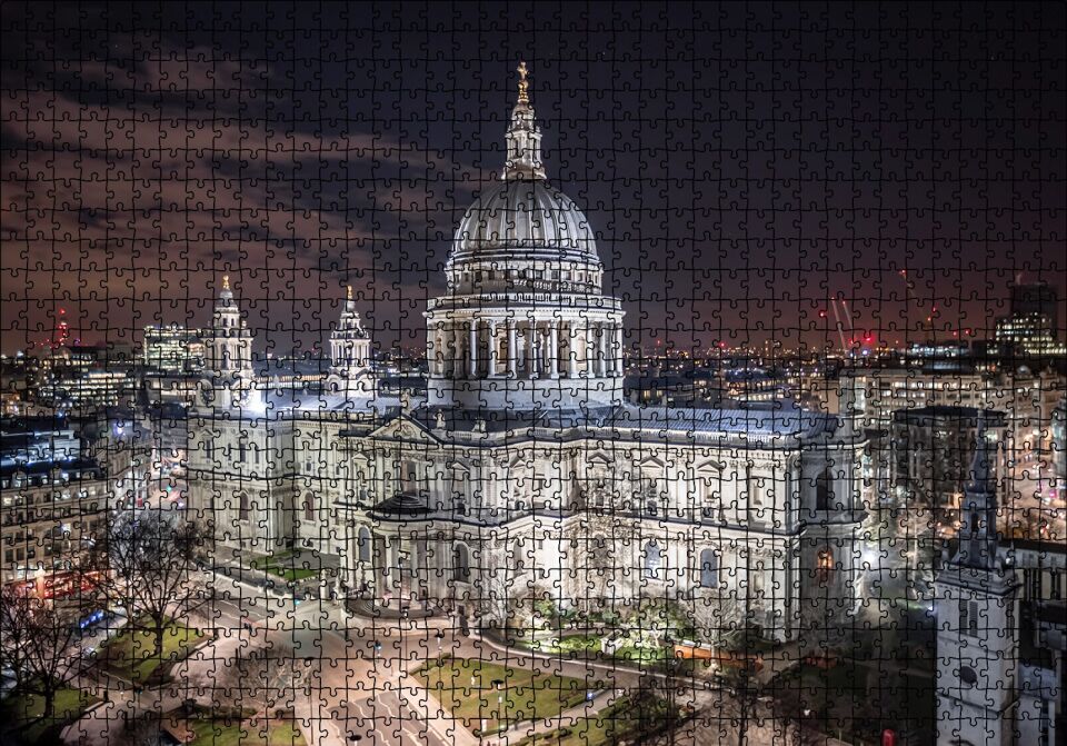Beyaz Kubbeli Bina ve Gece Işıkları Puzzle Yapboz MDF Ahşap 1000 Parça 49 cm X 68 cm